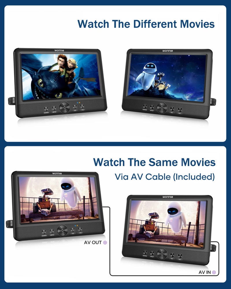 WONNIE 10.5" Two DVD Players Dual Screen for Car Portable CD Player, Play a Same or Two Different Movies with Two Mounting Brackets, 5-Hour Rechargeable Battery, Support USB/SD Card Reader - Image 2
